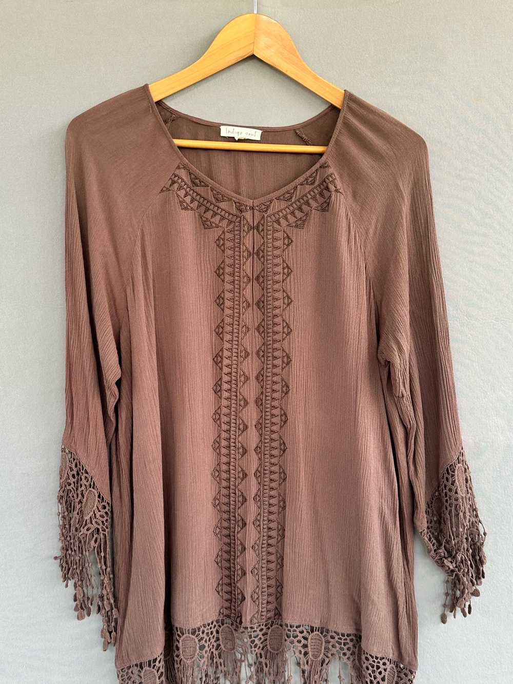 indigo soul Brown Crochet-Trim Tassel Hem Blouse - Picture 4 of 10